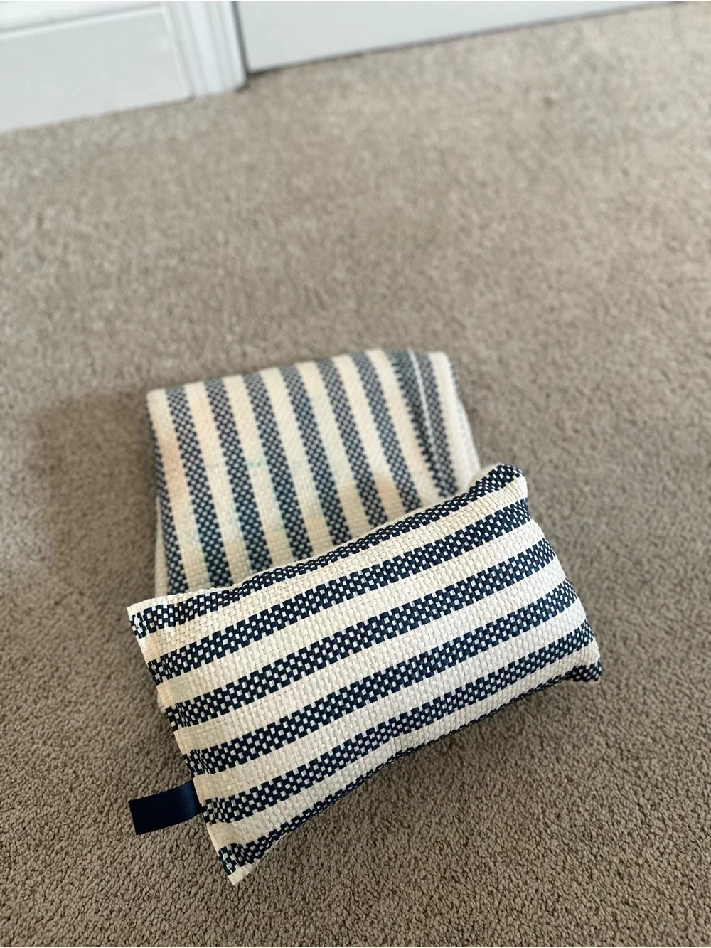 Striped Navy and Cream Straw Beach blanket with Pillow
